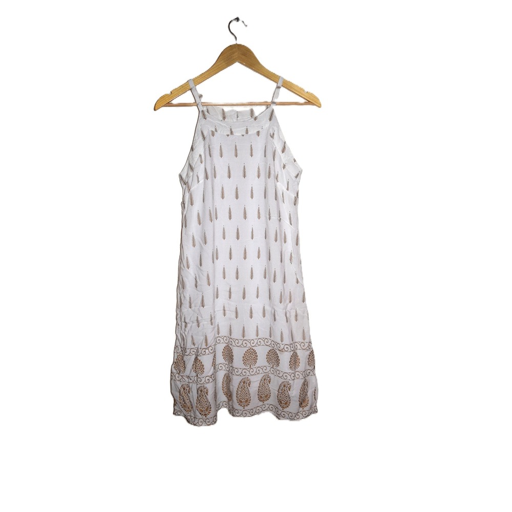 Lapogee Shift Dress Womens Medium White Gold Paisley Block Print Sleeveless Exc